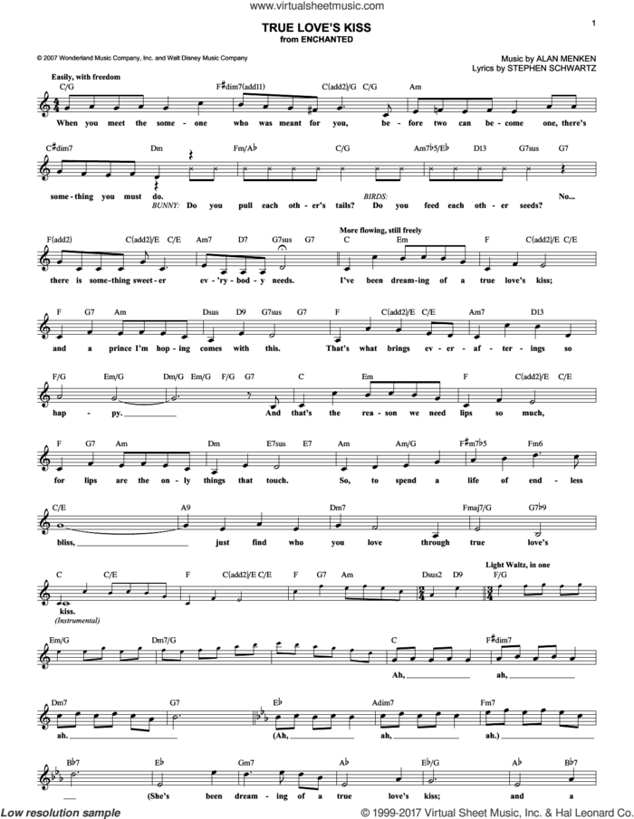 True Love's Kiss (from Enchanted) sheet music for voice and other instruments (fake book) by Amy Adams, Alan Menken and Stephen Schwartz, intermediate skill level