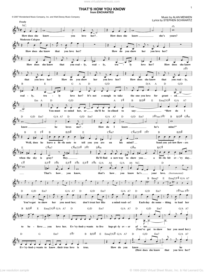 That's How You Know (from Enchanted) sheet music for voice and other instruments (fake book) by Amy Adams, Alan Menken and Stephen Schwartz, intermediate skill level