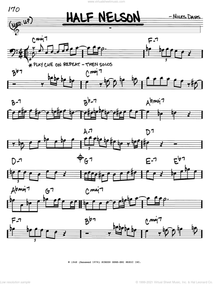 Half Nelson sheet music for voice and other instruments (bass clef) by Miles Davis, intermediate skill level