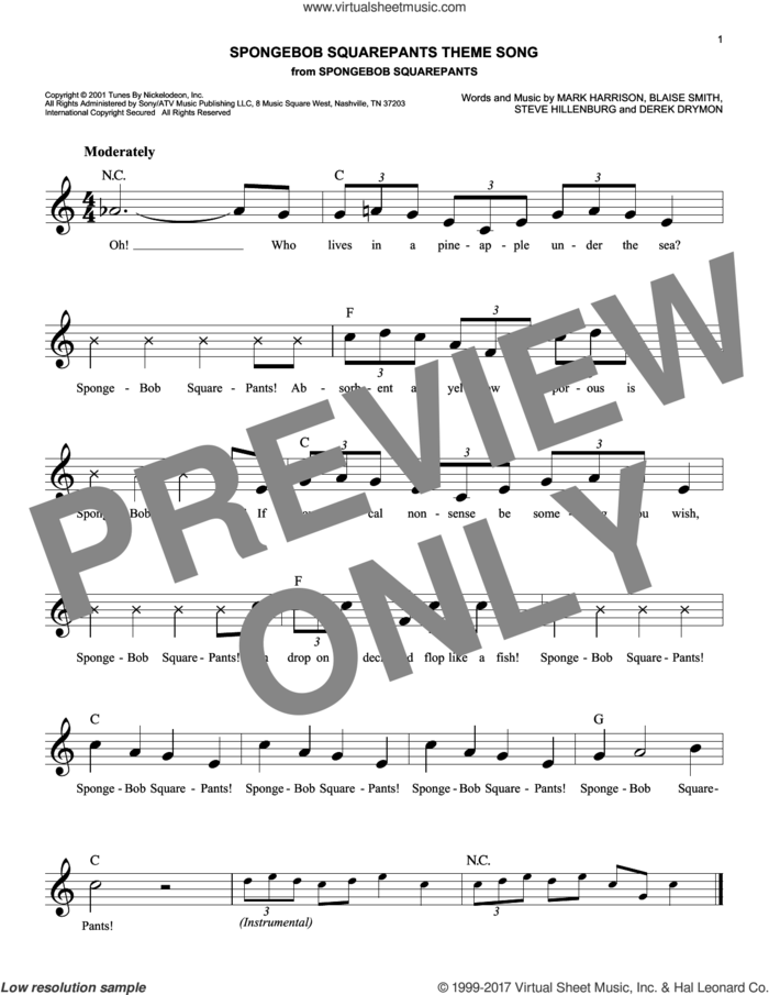 SpongeBob SquarePants Theme Song sheet music for voice and other instruments (fake book) by Steve Hillenburg, Blaise Smith, Derek Drym and Mark Harrison, easy skill level
