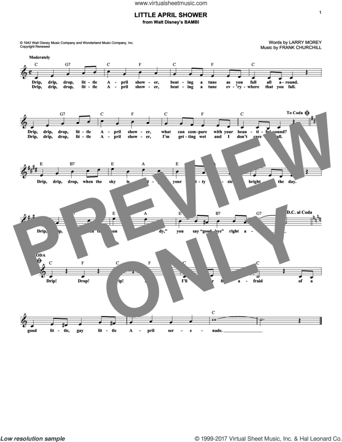 Little April Shower sheet music for voice and other instruments (fake book) by Larry Morey and Frank Churchill, intermediate skill level