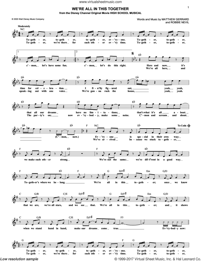 We're All In This Together (from High School Musical) sheet music for voice and other instruments (fake book) by High School Musical Cast, Matthew Gerrard and Robbie Nevil, intermediate skill level