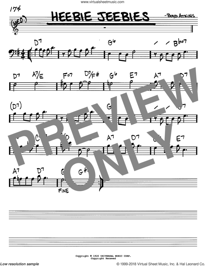 Heebie Jeebies sheet music for voice and other instruments (bass clef) by Louis Armstrong and Boyd Atkins, intermediate skill level