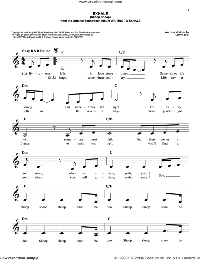 Exhale (Shoop Shoop) sheet music for voice and other instruments (fake book) by Babyface and Whitney Houston, easy skill level