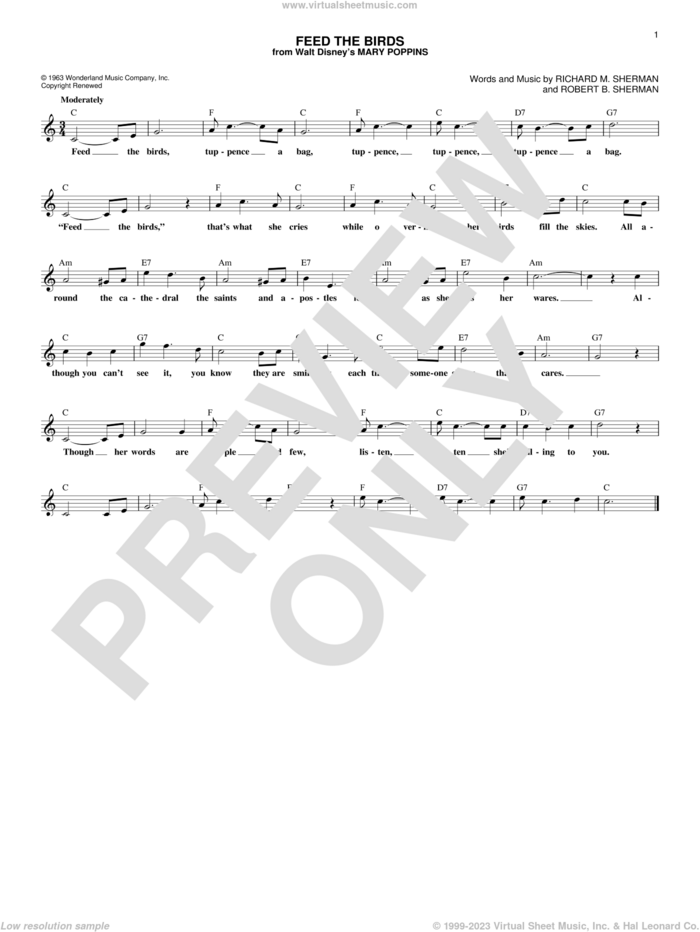 Feed The Birds (Tuppence A Bag) (from Mary Poppins) sheet music for voice and other instruments (fake book) by Sherman Brothers, Richard M. Sherman and Robert B. Sherman, intermediate skill level