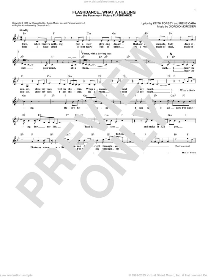 Flashdance...What A Feeling sheet music for voice and other instruments (fake book) by Irene Cara, Giorgio Moroder and Keith Forsey, intermediate skill level