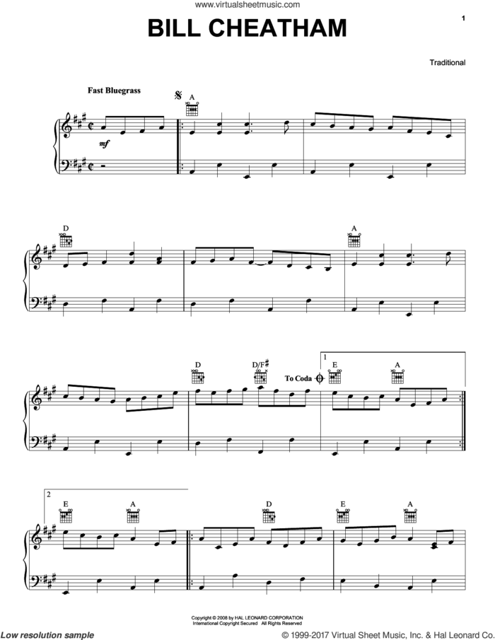 Bill Cheatham sheet music for piano solo, intermediate skill level