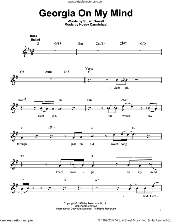 Georgia On My Mind sheet music for voice solo by Hoagy Carmichael, Ray Charles, Willie Nelson and Stuart Gorrell, intermediate skill level