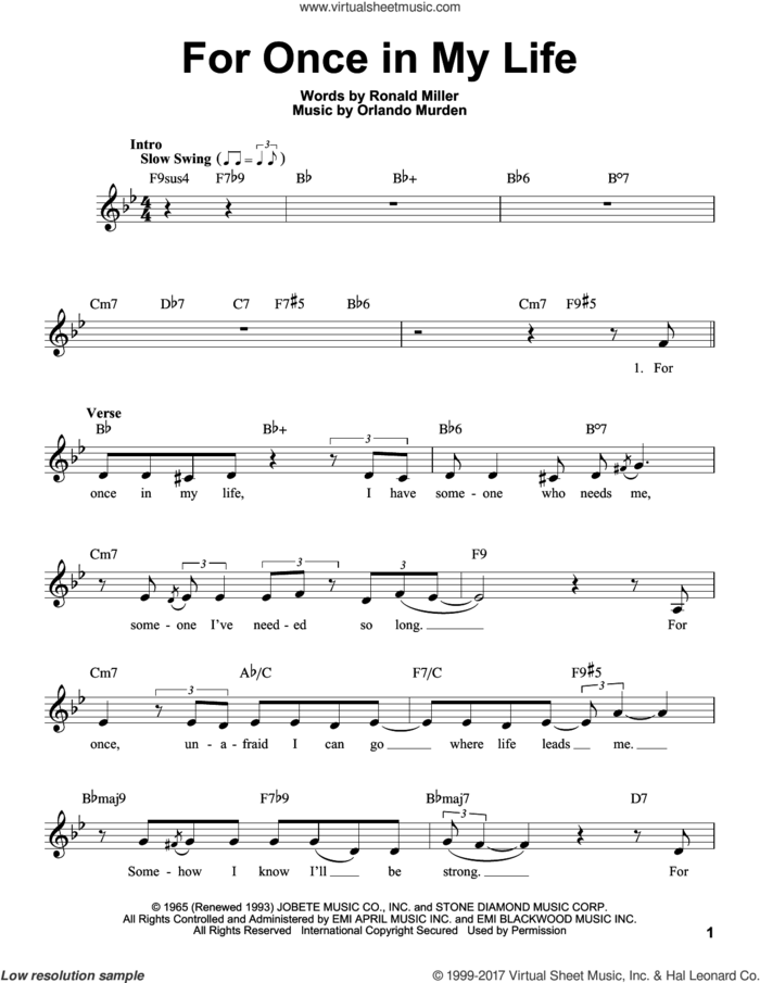 For Once In My Life sheet music for voice solo by Stevie Wonder, Orlando Murden and Ron Miller, intermediate skill level