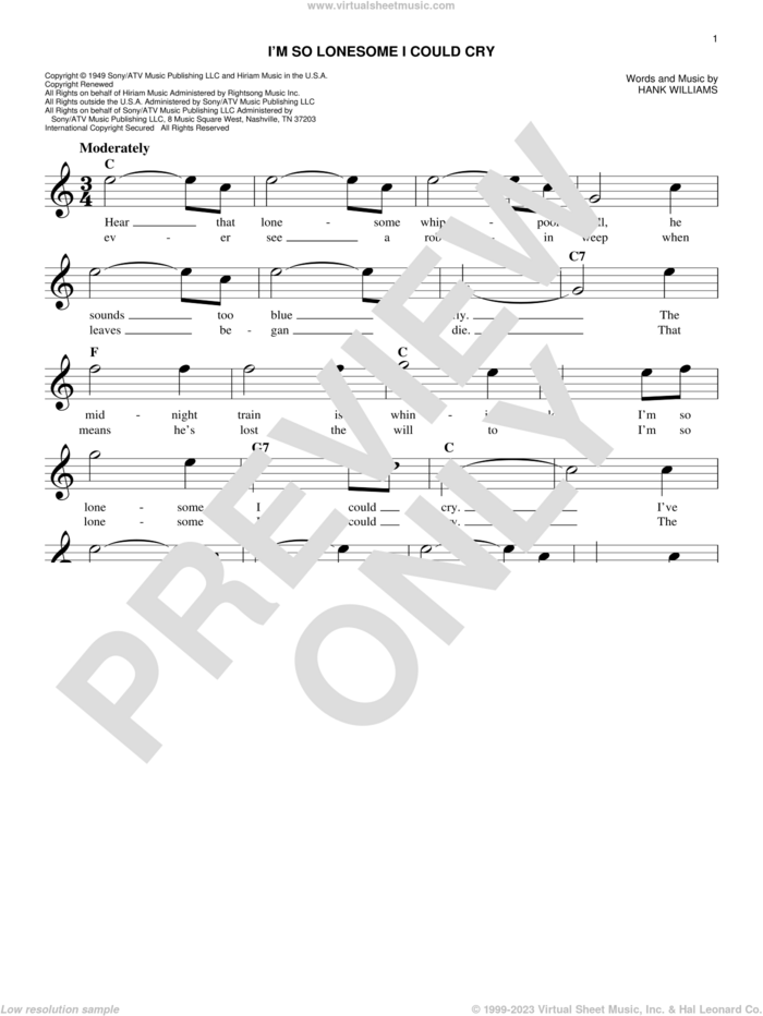 I'm So Lonesome I Could Cry sheet music for voice and other instruments (fake book) by Hank Williams, easy skill level