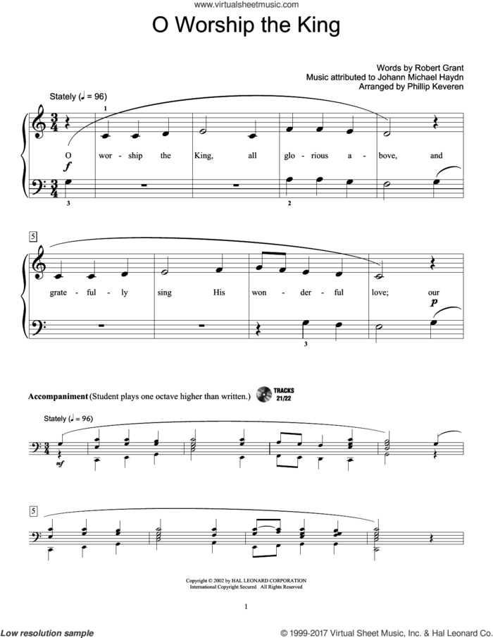 O Worship The King sheet music for piano solo (elementary) by Johann Michael Haydn, Robert Grant and William Gardiner, beginner piano (elementary)