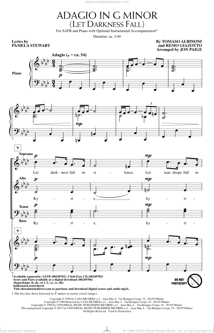 Adagio In Sol Minore (Adagio In G Minor) sheet music for choir (SATB: soprano, alto, tenor, bass) by Tomaso Albinoni, Jon Paige, Pamela Stewart and Remo Giazotto, intermediate skill level