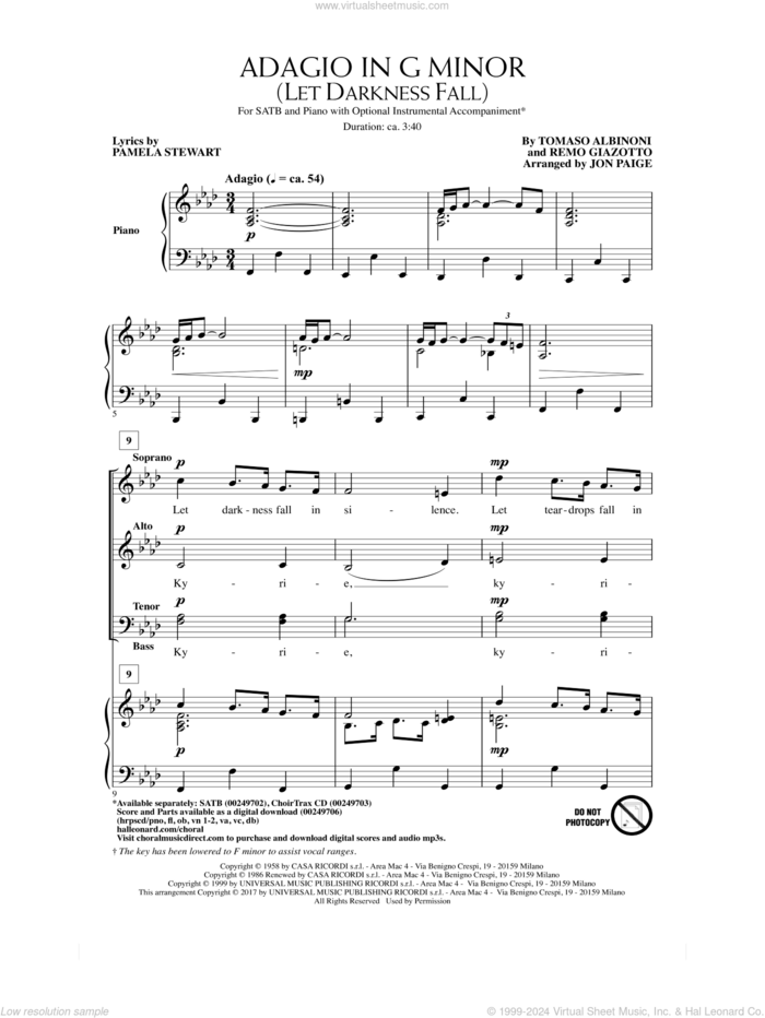 Adagio In Sol Minore (Adagio In G Minor) sheet music for choir (SATB: soprano, alto, tenor, bass) by Tomaso Albinoni, Jon Paige, Pamela Stewart and Remo Giazotto, intermediate skill level