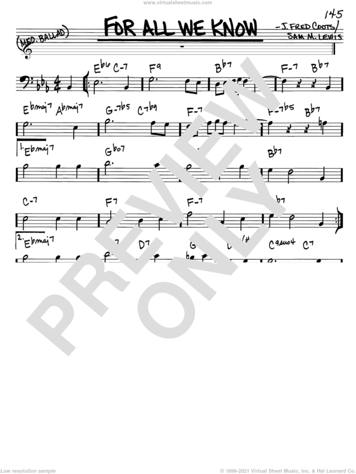 For All We Know sheet music for voice and other instruments (bass clef) by J. Fred Coots and Sam Lewis, intermediate skill level