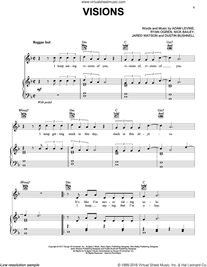 Visions sheet music for voice, piano or guitar by Maroon 5, Adam Levine, Dustin Bushnell, Jared Watson, Nick Bailey and Ryan Ogren, intermediate skill level