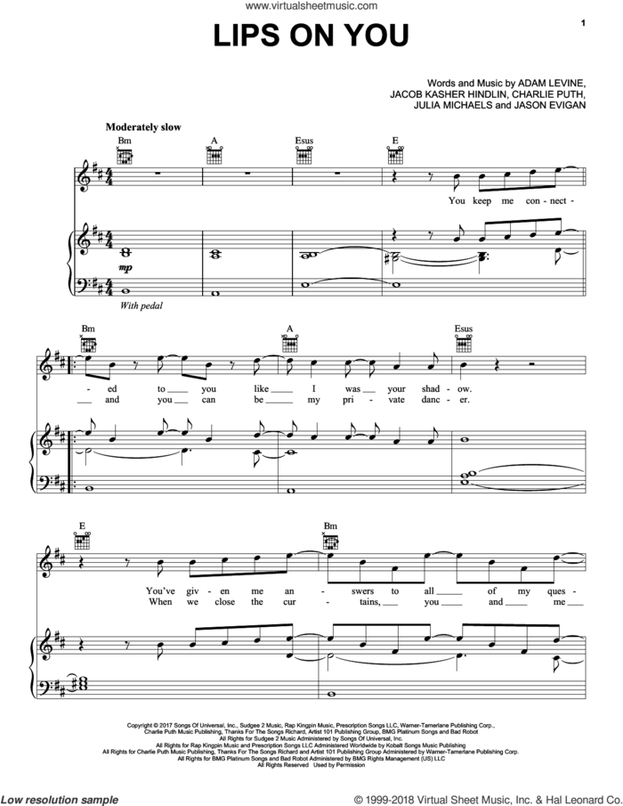 Lips On You sheet music for voice, piano or guitar by Maroon 5, Adam Levine, Charlie Puth, Jacob Kasher Hindlin, Jason Evigan and Julia Michaels, intermediate skill level