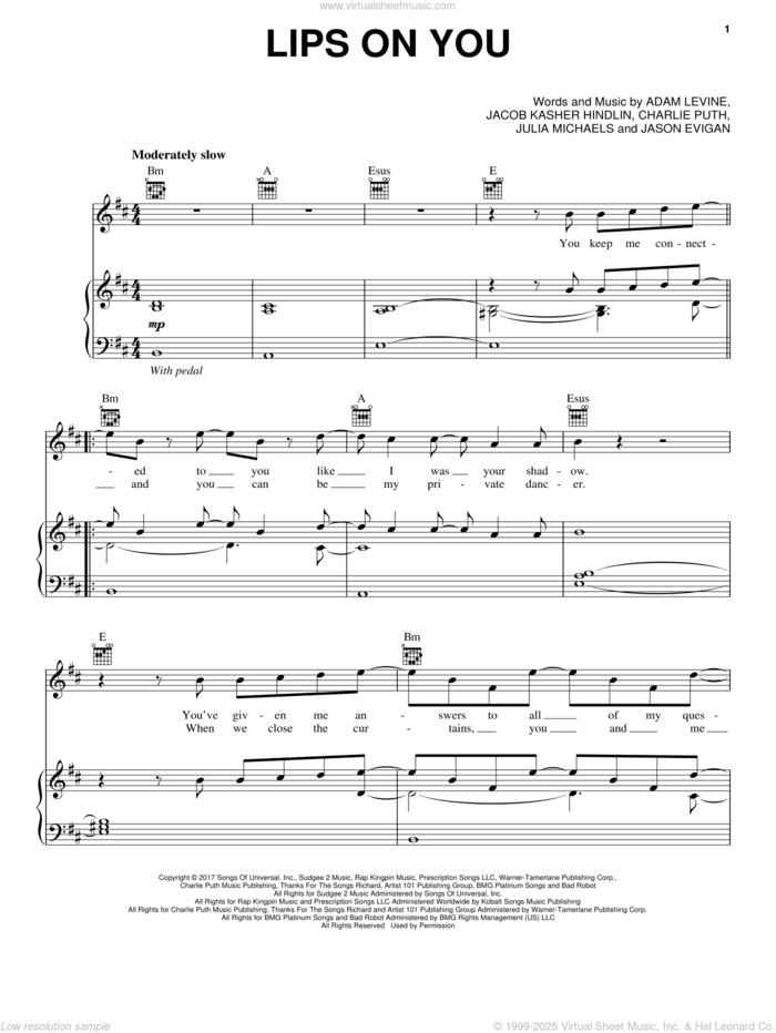 Lips On You sheet music for voice, piano or guitar by Maroon 5, Adam Levine, Charlie Puth, Jacob Kasher Hindlin, Jason Evigan and Julia Michaels, intermediate skill level