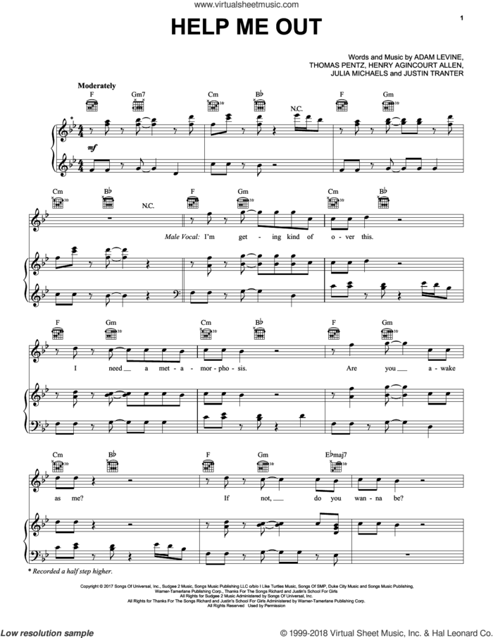 Help Me Out sheet music for voice, piano or guitar by Maroon 5 with Julia Michaels, Adam Levine, Diplo, Henry Agincourt, Julia Michaels, Justin Tranter, King Henry and Thomas Wesley, intermediate skill level