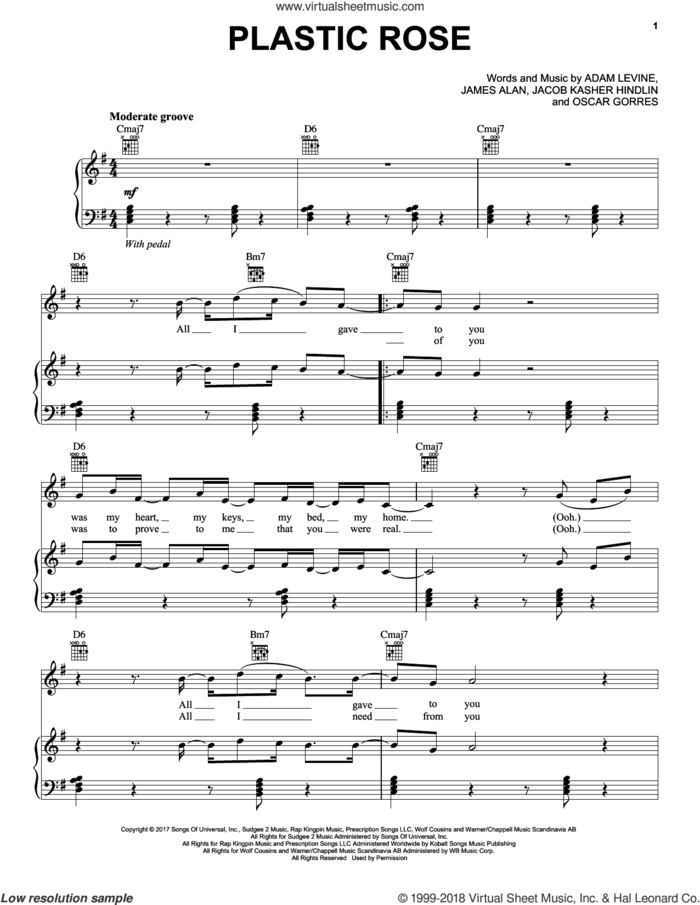 Plastic Rose sheet music for voice, piano or guitar by Maroon 5, Adam Levine, James Alan, Jkash and Oscar Gorres, intermediate skill level