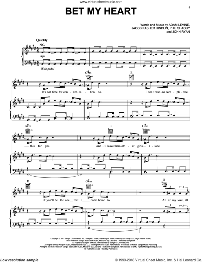Bet My Heart sheet music for voice, piano or guitar by Maroon 5, Adam Levine, Jacob Kasher Hindlin, John Ryan and Phil Shaouy, intermediate skill level