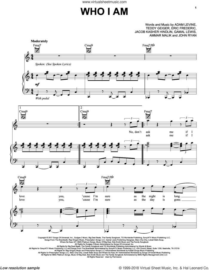 Who I Am sheet music for voice, piano or guitar by Maroon 5 feat. LunchMoney Lewis, Adam Levine, Ammar Malik, Eric Frederic, Gamal Lewis, Jacob Kasher Hindlin, John Ryan and Teddy Geiger, intermediate skill level