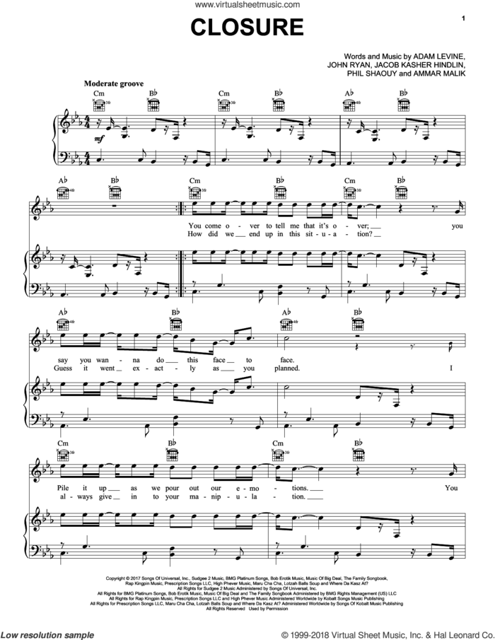 Closure sheet music for voice, piano or guitar by Maroon 5, Adam Levine, Ammar Malik, Jacob Kasher Hindlin, John Ryan and Phil Shaouy, intermediate skill level
