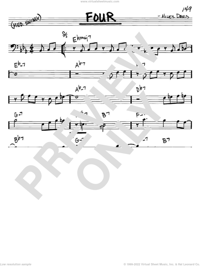 Four sheet music for voice and other instruments (bass clef) by Miles Davis and John Coltrane, intermediate skill level