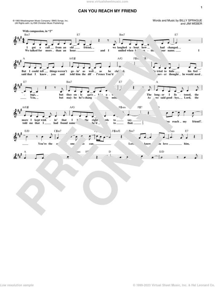 Can You Reach My Friend sheet music for voice and other instruments (fake book) by Helen Baylor, Billy Sprague and Jim Weber, intermediate skill level