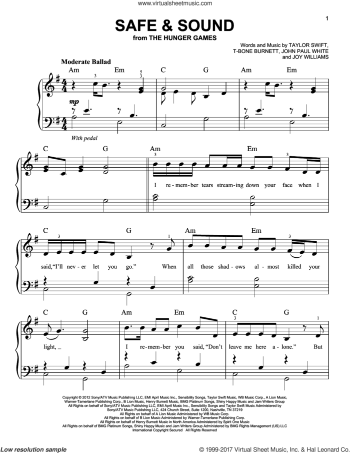 Safe and Sound (feat. The Civil Wars) (from The Hunger Games) sheet music for piano solo by Taylor Swift featuring The Civil Wars, William Joseph, John Paul White, Joy Williams, T-Bone Burnett and Taylor Swift, easy skill level