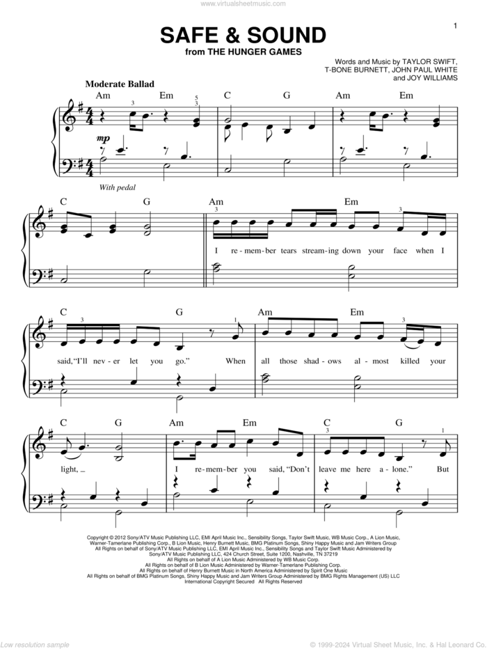 Safe and Sound (feat. The Civil Wars) (from The Hunger Games) sheet music for piano solo by Taylor Swift featuring The Civil Wars, William Joseph, John Paul White, Joy Williams, T-Bone Burnett and Taylor Swift, easy skill level