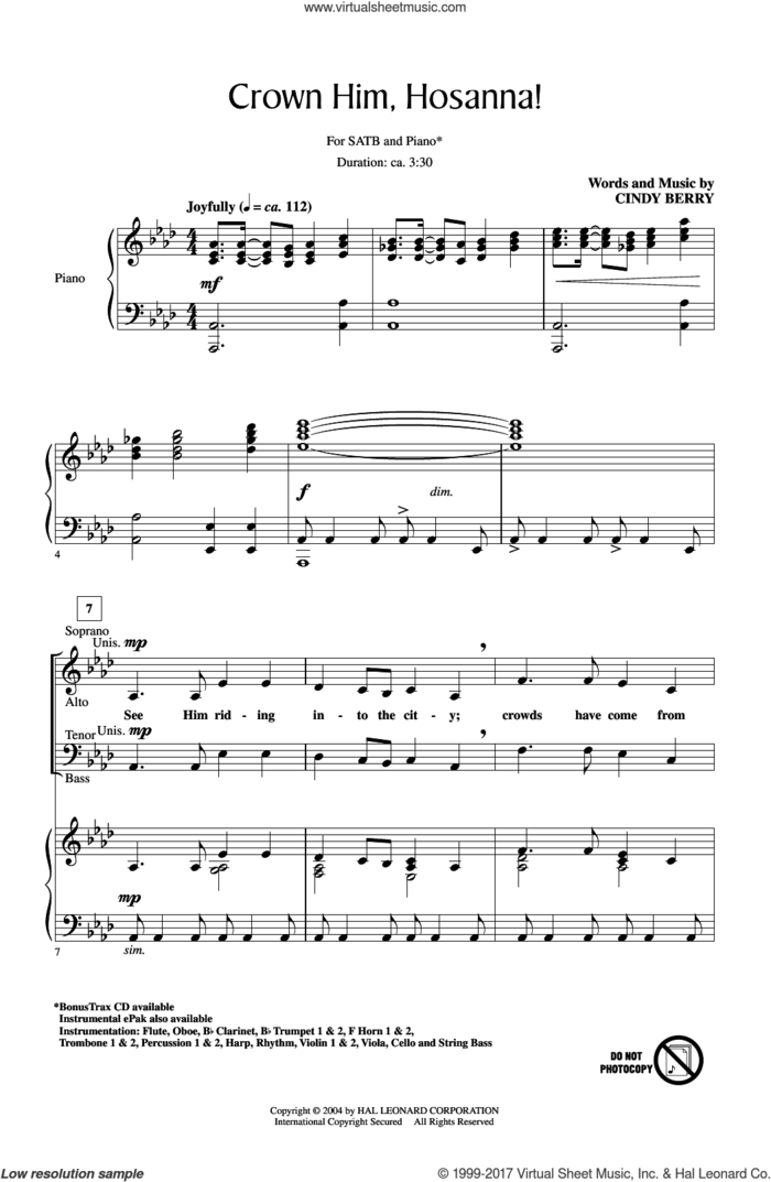 Crown Him Hosanna sheet music for choir (SATB: soprano, alto, tenor, bass) by Cindy Berry, intermediate skill level
