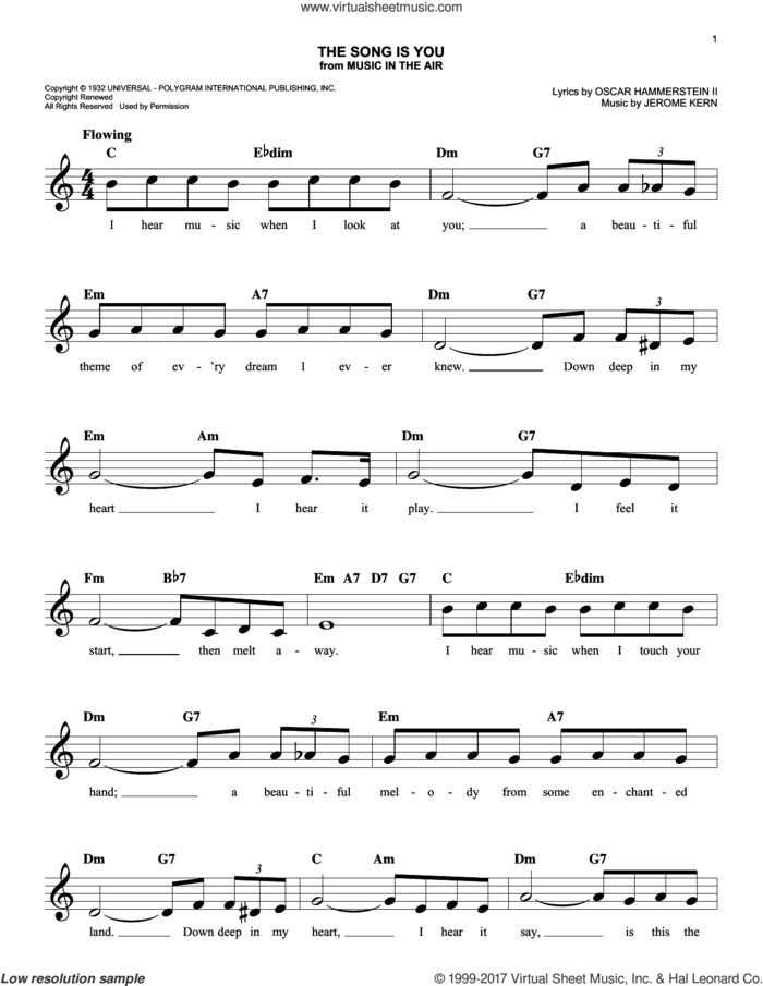 The Song Is You sheet music for voice and other instruments (fake book) by Oscar II Hammerstein and Jerome Kern, intermediate skill level