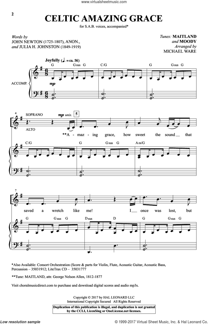 Celtic Amazing Grace sheet music for choir (SAB: soprano, alto, bass) by John Newton, Michael Ware, Julia Johnson and Julia Johnston, intermediate skill level