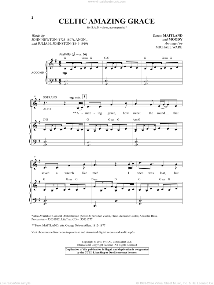 Celtic Amazing Grace sheet music for choir (SAB: soprano, alto, bass) by John Newton, Michael Ware, Julia Johnson and Julia Johnston, intermediate skill level