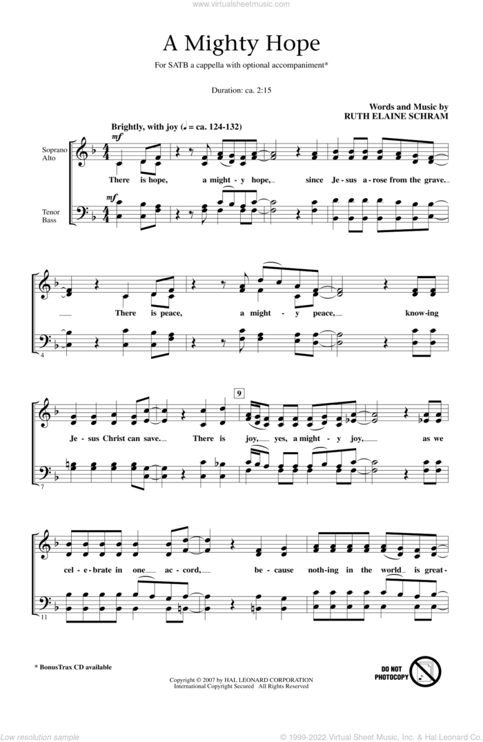 A Mighty Hope sheet music for choir (SATB: soprano, alto, tenor, bass) by Ruth Elaine Schram, intermediate skill level