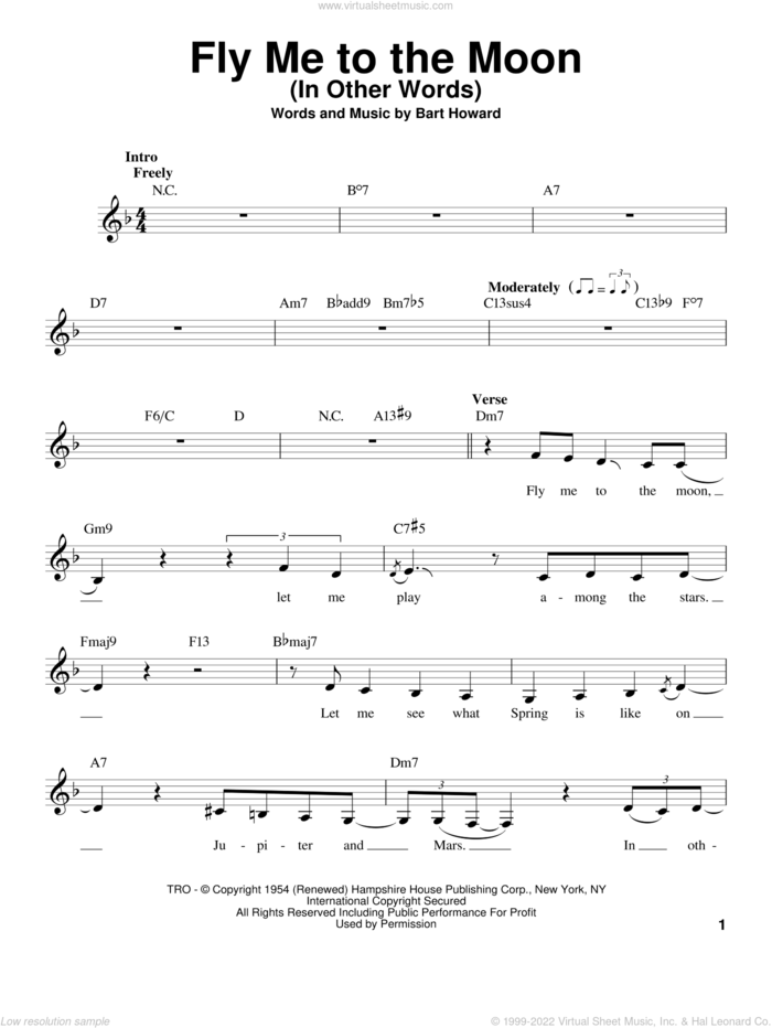 Fly Me To The Moon (In Other Words) sheet music for voice solo by Bart Howard and Tony Bennett, wedding score, intermediate skill level