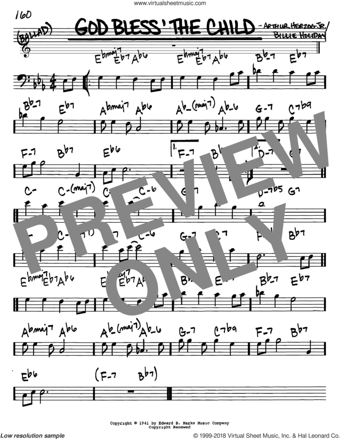 God Bless' The Child sheet music for voice and other instruments (bass clef) by Billie Holiday and Arthur Herzog Jr., intermediate skill level