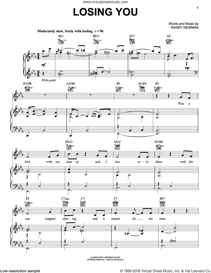Losing You sheet music for voice, piano or guitar by Neil Diamond and Randy Newman, intermediate skill level
