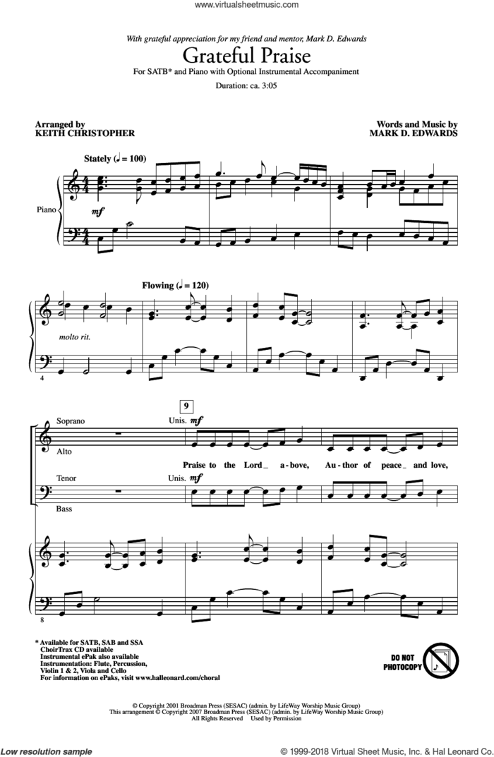 Grateful Praise sheet music for choir (SATB: soprano, alto, tenor, bass) by Mark Edwards, Keith Christopher and Mark D. Edwards, intermediate skill level