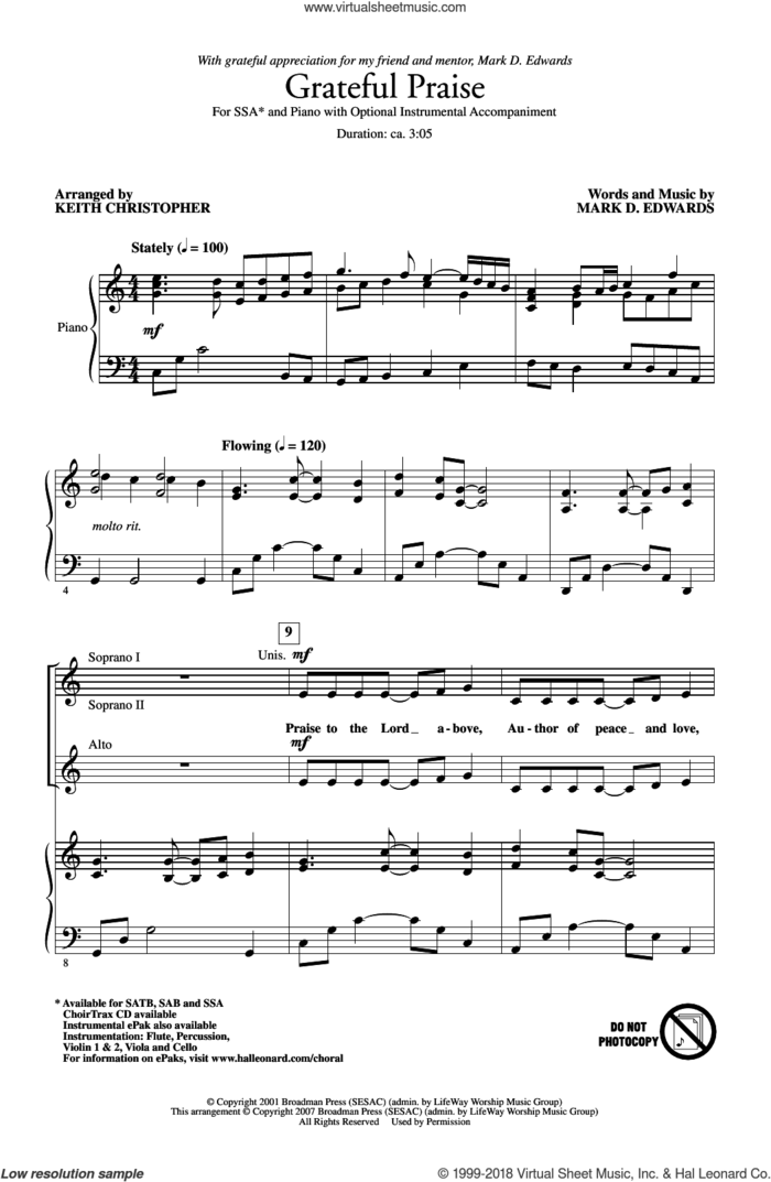 Grateful Praise sheet music for choir (SSA: soprano, alto) by Mark Edwards, Keith Christopher and Mark D. Edwards, intermediate skill level