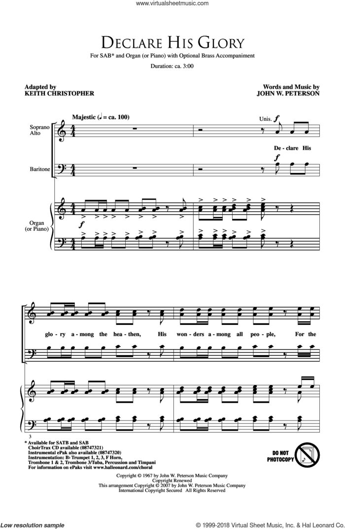 Declare His Glory sheet music for choir (SAB: soprano, alto, bass) by Keith Christopher and John W. Peterson, intermediate skill level