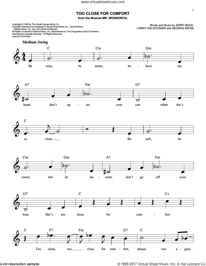 Too Close For Comfort sheet music for voice and other instruments (fake book) by George David Weiss, Jerry Bock and Larry Holofcener, intermediate skill level