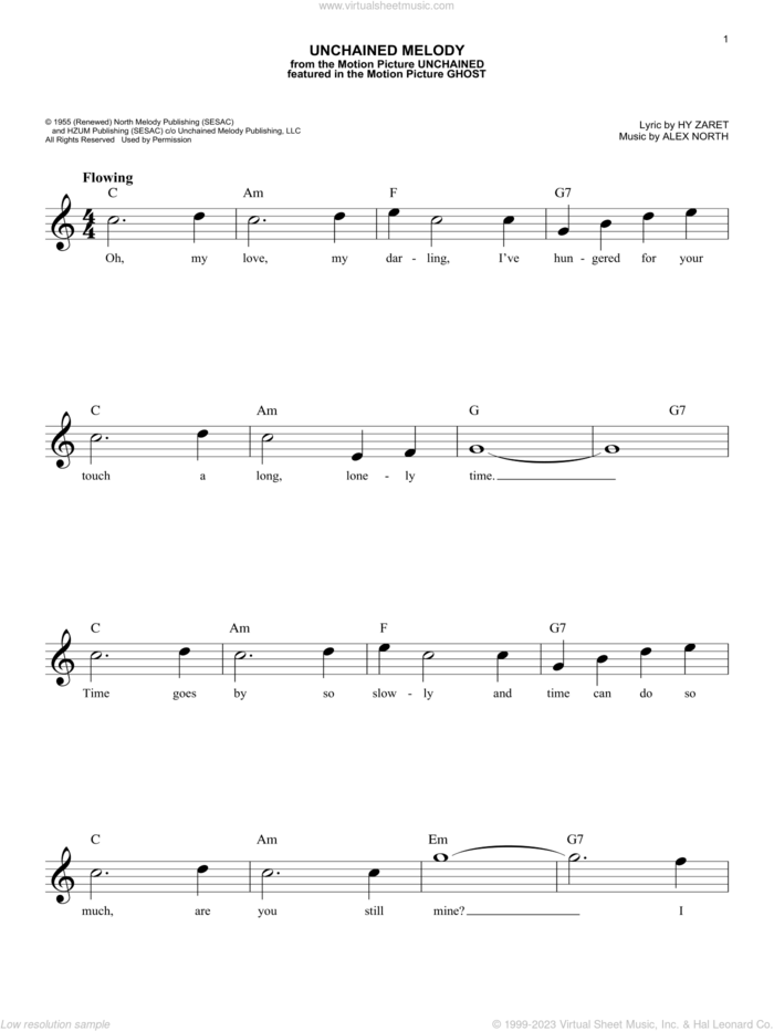 Unchained Melody sheet music for voice and other instruments (fake book) by The Righteous Brothers, wedding score, intermediate skill level