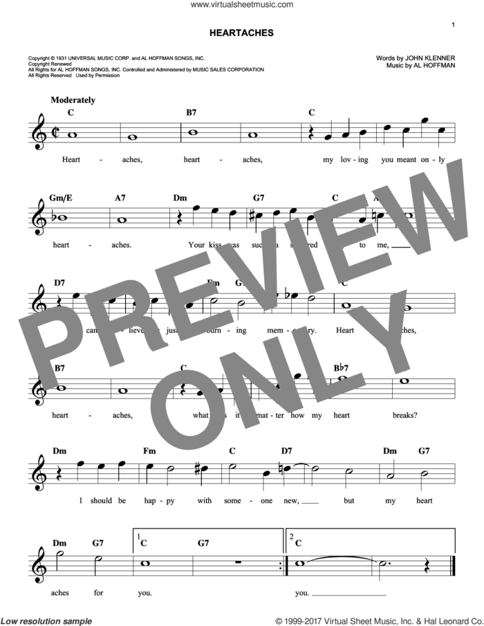 Heartaches sheet music for voice and other instruments (fake book) by Patsy Cline, Al Hoffman and John Klenner, easy skill level