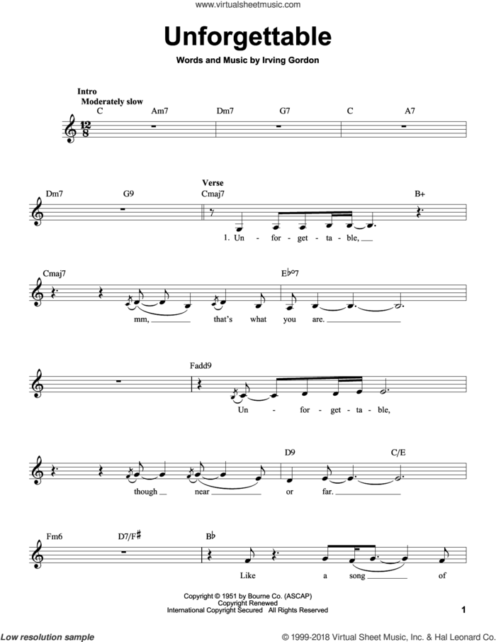 Unforgettable sheet music for voice solo by Irving Gordon, Dinah Washington, Nat King Cole and Natalie Cole, intermediate skill level