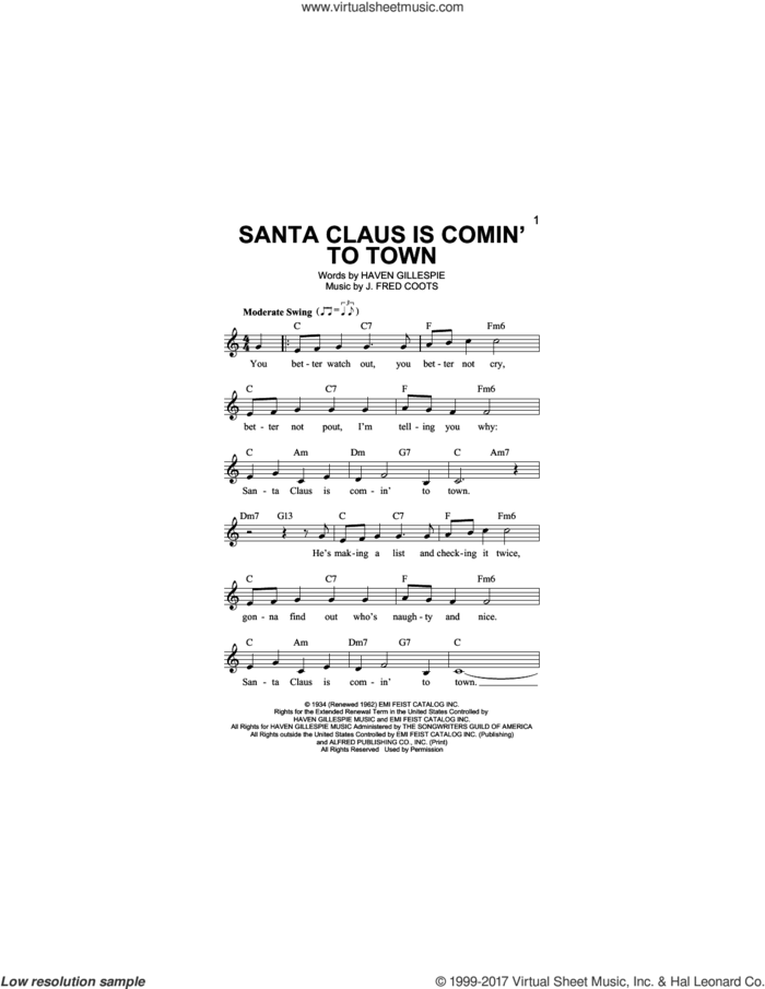 Santa Claus Is Comin' To Town sheet music for voice and other instruments (fake book) by J. Fred Coots and Haven Gillespie, intermediate skill level
