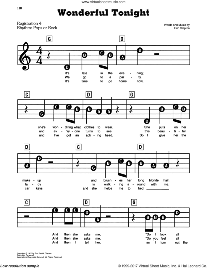 Wonderful Tonight sheet music for piano or keyboard (E-Z Play) by Eric Clapton, wedding score, easy skill level