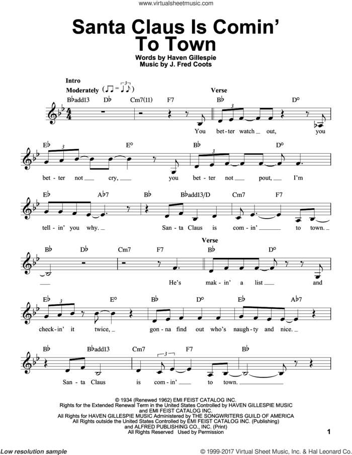 Santa Claus Is Comin' To Town sheet music for voice solo by J. Fred Coots and Haven Gillespie, intermediate skill level