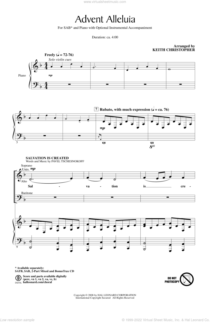 Advent Alleluia sheet music for choir (SAB: soprano, alto, bass) by Keith Christopher, Pavel Tschesnokoff and Miscellaneous, intermediate skill level