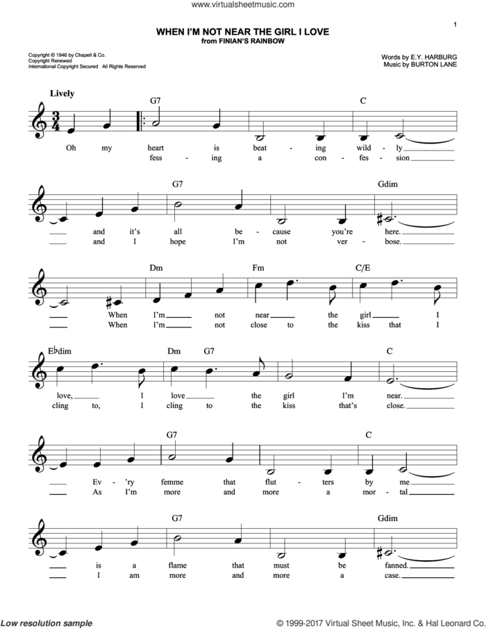 When I'm Not Near The Girl I Love sheet music for voice and other instruments (fake book) by E.Y. Harburg and Burton Lane, easy skill level
